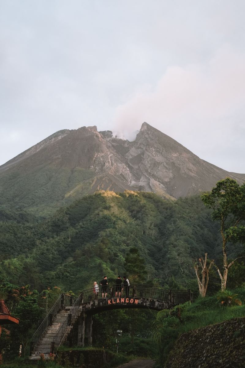 Mount Merapi in the early morning seen from the Klangon viewpoint bridge north of Yogyakarta