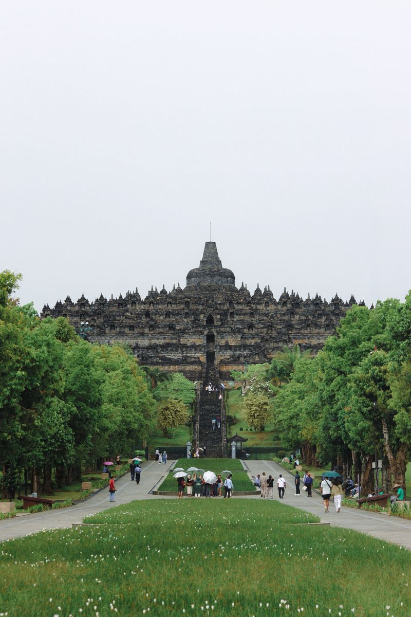 Borobudur temple seen from the tree-lined main path